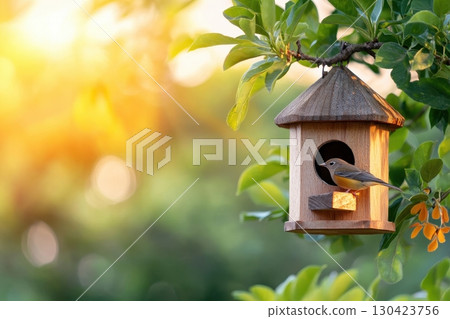 A small bird rests in a charming wooden birdhouse nestled in a vibrant green tree, bathed in the warm glow of the setting sun 130423756