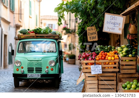 A vintage green truck, laden with fresh produce, parks on a charming cobblestone street, showcasing a vibrant farmers market scene 130423783
