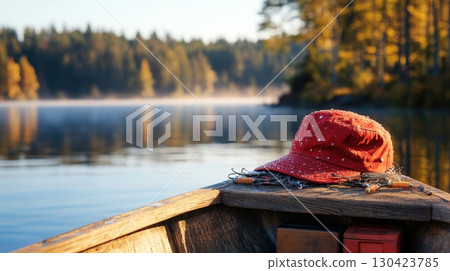 A red cap rests on a wooden boat, fishing lures scattered nearby, on a tranquil lake at sunrise 130423785