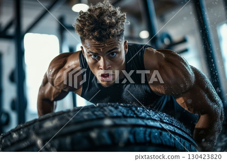 Sweaty man pushes large tire during intense CrossFit training session in gym Sweaty man pushes large tire during intense CrossFit training session in gym 130423820