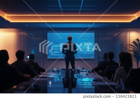 Executive presents data on large screen in modern, dramatically lit meeting room Executive presents data on large screen in modern, dramatically lit meeting room 130423821