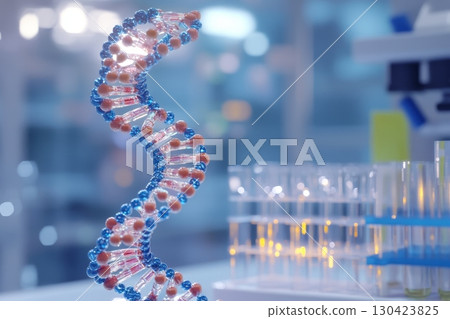 Detailed DNA helix model with blue and pink components, test tubes in background 130423825
