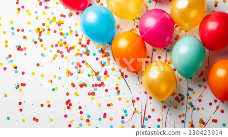 Colorful balloons and confetti on white table for festive birthday celebration background Colorful balloons and confetti on white table for festive birthday celebration background 130423914
