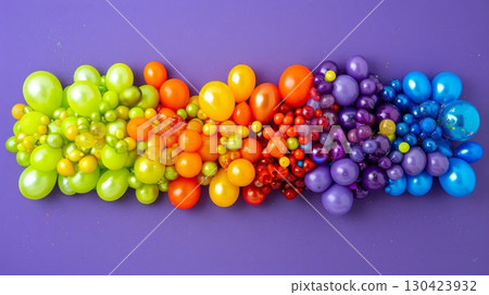 Rainbow Gradient of Colorful Balloons on Purple Background, Festive Decoration, Birthday Party 130423932