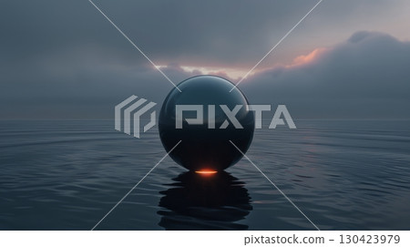 Black Sphere Floating Above Water, Minimalist Scene, 3D Render, Deep Ocean, Tranquility Black Sphere Floating Above Water, Minimalist Scene, 3D Render, Deep Ocean, Tranquility 130423979