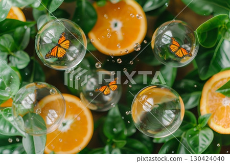 Freshness and Flight Sliced Oranges, Lush Greenery, and Butterflies in Soap Bubbles. 130424040