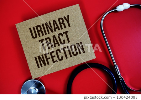 Urinary Tract Infection text written on paper card with stethoscope on red background 130424095