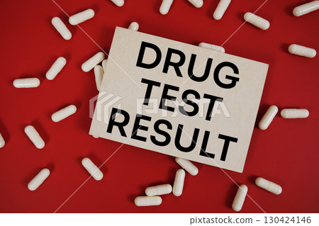 Drug Test Result text written on paper card with medicine capsule on red background 130424146