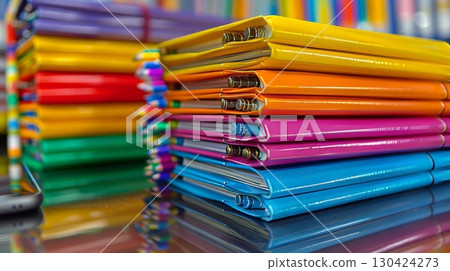 Colorful folders and office supplies on a neat desk  a close up view of productivity essentials 130424273