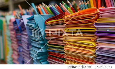 Colorful office desk scene with document folders, pencils, and a smartphone in close up view 130424274
