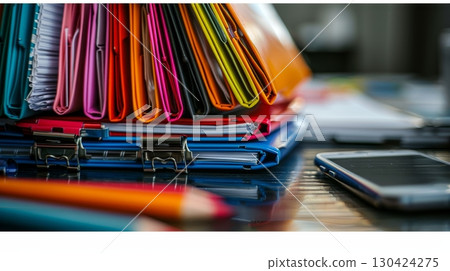 Colorful folders and office supplies organized on a desk with smartphone and pencils   close up view 130424275