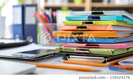 Colorful document folders and office supplies on a desk  a close up side view of organized workspace 130424276