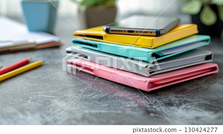 Colorful folders and office supplies organized on a desk with a smartphone, side view close up 130424277