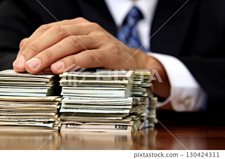 A man s hand gently placed on a table amidst a large pile of cash in dollar bills 130424311