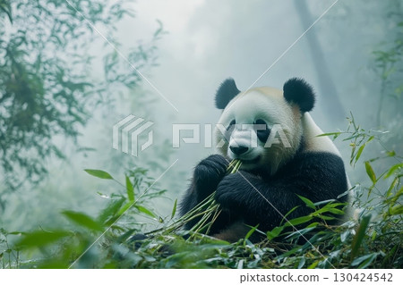 A giant panda munches on bamboo shoots while sitting in a lush, misty bamboo forest 130424542