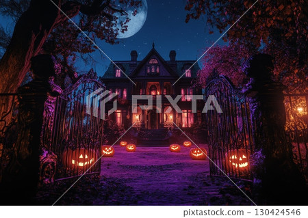 Surreal purple-lit mansion with glowing windows, framed by autumn trees and decorated with jack-o'-lanterns under a full moon Surreal purple-lit mansion with glowing windows, framed by autumn trees and decorated with jack-o'-lanterns under a full moon 130424546