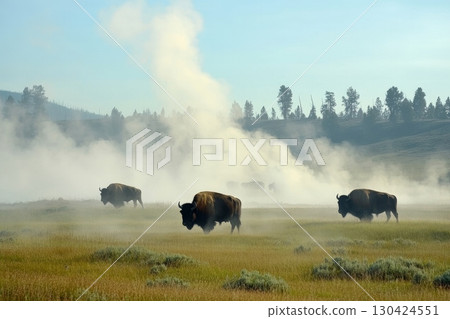 Bison standing in golden grassland with rising steam and mist, pine trees silhouetted against the morning sky 130424551
