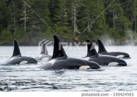 A group of killer whales emerge from water near a forested shoreline, showing dorsal fins 130424563