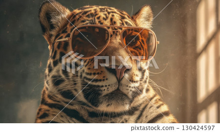Elegant jaguar wearing classic aviator sunglasses indoors, luxury wildlife portrait Elegant jaguar wearing classic aviator sunglasses indoors, luxury wildlife portrait 130424597