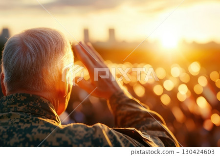 A senior military veteran salutes at sunset, bathed in golden light, reflecting on service and remembrance 130424603