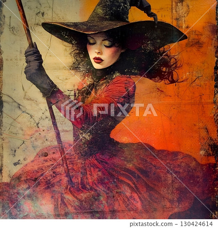 A captivating witch in a flowing dress and wide brimmed hat, holding a broomstick against a vibrant, textured backdrop 130424614
