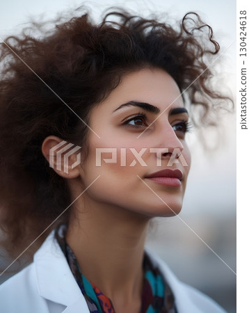 A confident female scientist gazes thoughtfully, wearing a white lab coat, with the sky as the backdrop 130424618