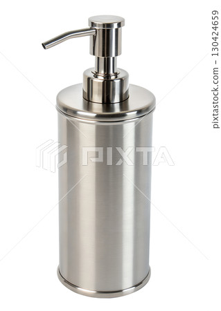 Stainless steel soap dispenser isolated, modern kitchen or bathroom accessory with pump 130424659