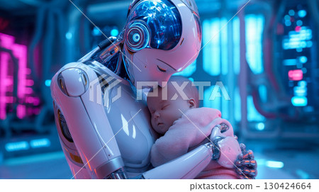Female android robot holds sleeping baby in futuristic neon lab, tender bond between human and machine 130424664