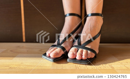 Close Up of Woman Trying on Stylish Sandals Female Legs, Footwear Fashion and Shopping Concept Close Up of Woman Trying on Stylish Sandals Female Legs, Footwear Fashion and Shopping Concept 130424765