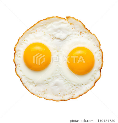 A fresh fried egg with two yolks on a white background, close-up. Ideal image for food blogs, menus and food advertising. 130424780