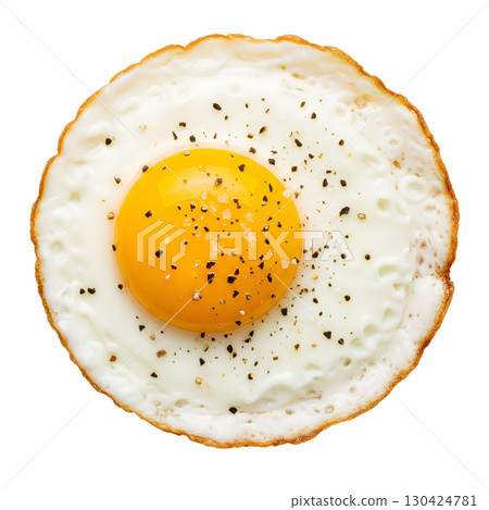 A delicious fried egg with a perfectly round yolk, shot against a white background. A great image for culinary websites, menus, and advertising materials. 130424781