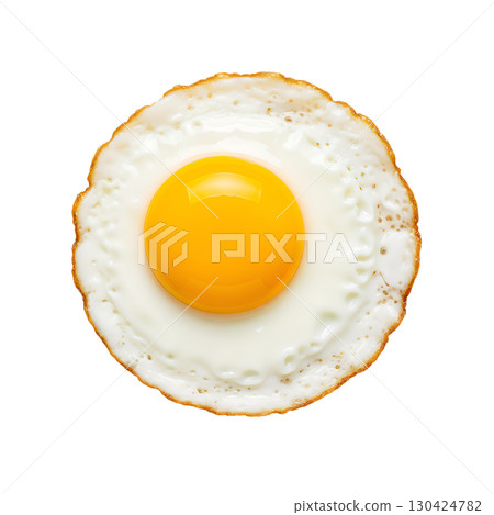 A delicious fried egg with a perfectly round yolk, shot against a white background. A great image for culinary websites, menus, and advertising materials. 130424782