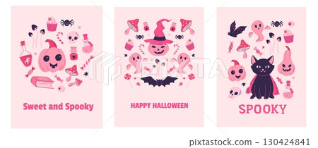 Set of Happy Halloween party poster, invitation, background. Trick or treat. Pinkcore style vector illustration. Pumpkin, bat, poison, skull, mushrooms, sweets, candy, tombstone 130424841