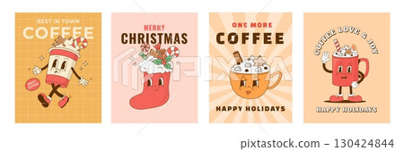 Set of retro cartoon Christmas hot drink and stocking posters. Funny coffee mug, cappuccino, latte, beverage mascot. Vector illustration. Print, flyer, invitation for cafeteria. 130424844