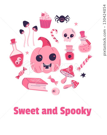 Happy Halloween party poster, invitation, background. Pinkcore style vector illustration. Pumpkin, poison, skull, mushrooms, sweets, candy, spider Happy Halloween party poster, invitation, background. Pinkcore style vector illustration. Pumpkin, poison, skull, mushrooms, sweets, candy, spider 130424854