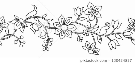 Coloring book. Seamless border with vector floral ornaments. Oriental frame 130424857