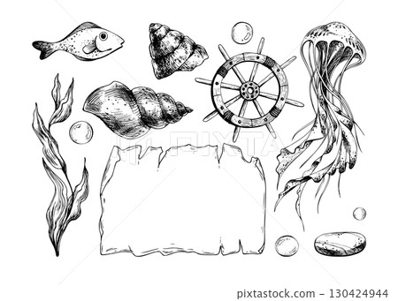Hand drawn line art illustration of steering wheel, jellyfish, map, corals and seashells. Black ink nautical collection with bubbles, detailed marine elements for clipart, travel design 130424944