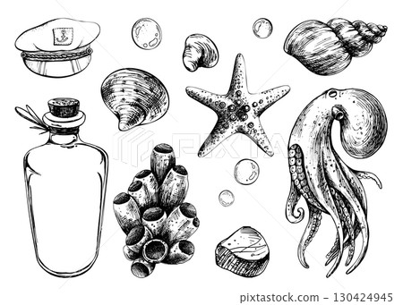 Hand drawn line art illustration of sailor cap, bottle, octopus, seashell, coral and starfish. Black ink marine collection with bubbles, perfect for clipart, nautical design and decor. Hand drawn line art illustration of sailor cap, bottle, octopus, seashell, coral and starfish. Black ink marine collection with bubbles, perfect for clipart, nautical design and decor. 130424945