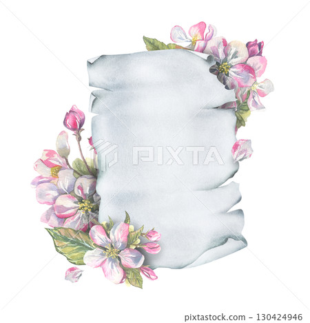 Elegant template for text with blooming apple flowers and a twisted sheet of paper, delicate hand-painted watercolor illustration, perfect for wedding text design and romantic invitations. 130424946
