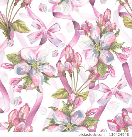 Seamless pattern with apple blossoms and pink ribbons, bows, romantic hand-painted watercolor illustration, suitable for packaging, fabric, wallpaper and decorative spring design projects. 130424948
