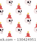 Seamless Halloween pattern featuring spooky skulls with burning candles on top. Dark and mysterious design, perfect for holiday decorations, fabric, wrapping paper, wallpaper, and seasonal projects. 130424951