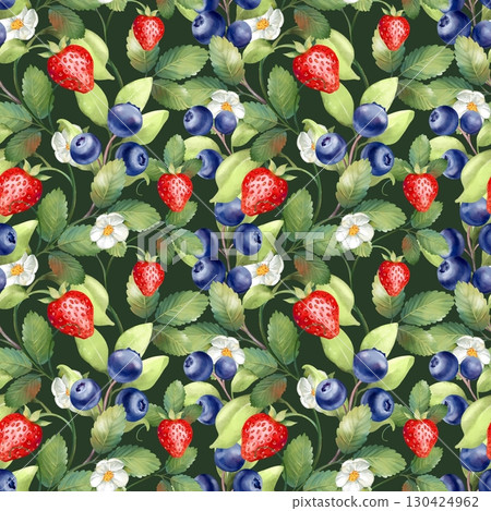 Hand-drawn seamless pattern featuring scattered strawberries, blueberries, green leaves, and flowers on dark green background 130424962