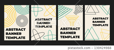 Set of modern creative banners and covers templates with geometric minimalistic shapes and bright color objects. Stylish posters for branding, advertising, social media, promo design, marketing visual 130424988
