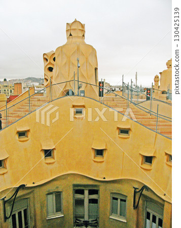 Spain, Barcelona, Gaudi architecture, Casa Mila apartment building, rooftop 130425139