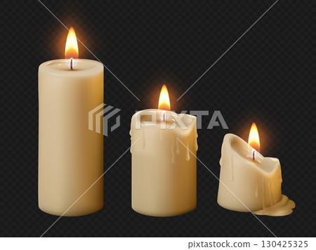 Vector icons of wax candle set with realistic flame. Combustion process. 130425325