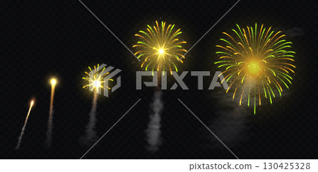 Vector realistic firework illustration, with launch, fiery smoke trail, explosion. 130425328