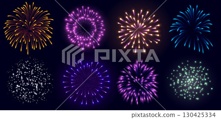 Set of colorful fireworks explosions on isolated black background. 130425334