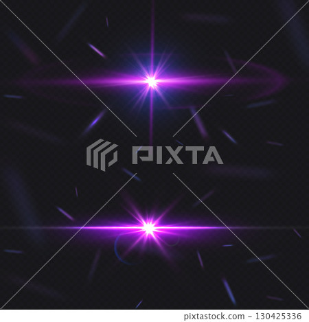 Sunrise or sunset horizon, moon eclipse purple spark effect vector illustrations set, glowing space planets shiny rays 130425336