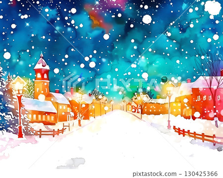 Winter landscape with snow-covered village and colorful sky at night 130425366