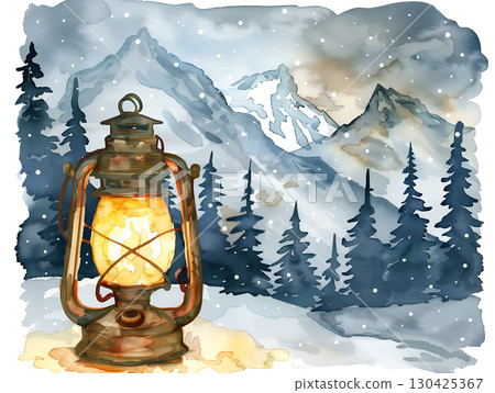 A tranquil winter landscape with a glowing lantern amidst snowy mountains 130425367
